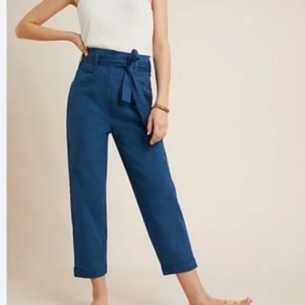 Anthropologie Ellie‎ High Rise Utility Pants Sz 8 Teal Blue Belted Straight Leg